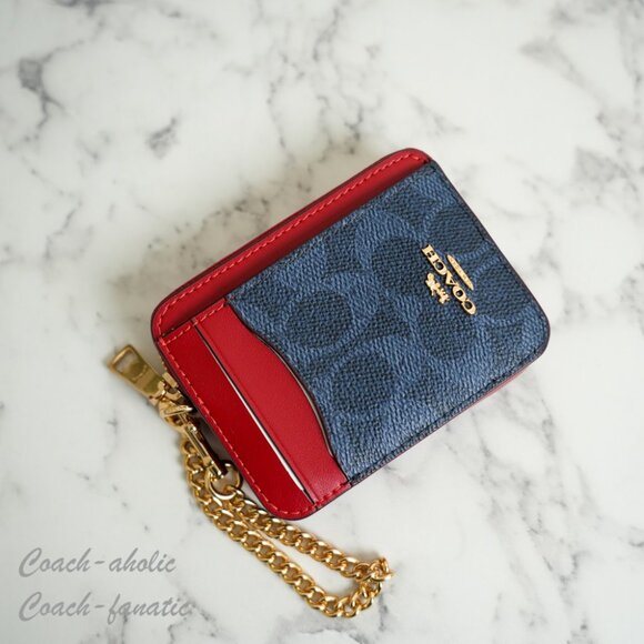 NWT Coach CW883 Zip Card Case In Signature Canvas Denim/Bold Red - Picture 4 of 8